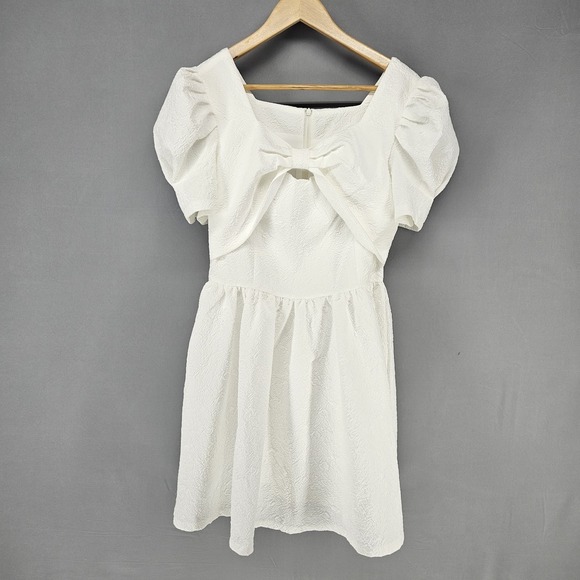 Dresses & Skirts - Mini Dress Womens Small White Bow Front Puff Sleeve Jacquard Coquette Wedding